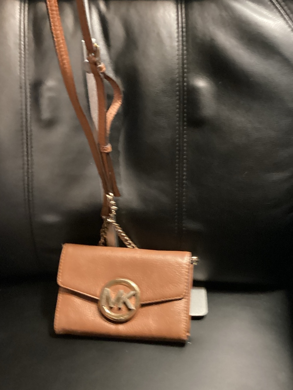 Michael Kors Tan Leather Crossbody Large Phone Wallet with Gold MK Emblem